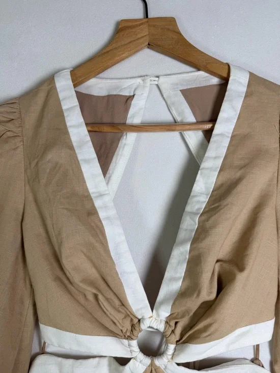 Petal + Pup Women’s Linen Blend Cutout Dress Beige White Tie Back Coastal Sz XS - Picture 4 of 13